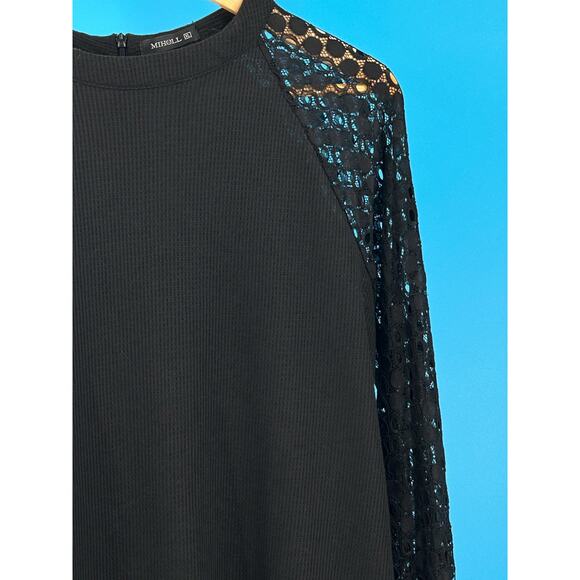 MIHOLL Women's Black Ribbed Knit Top Long Lace Sleeve Back Zip Size XLarge - Picture 9 of 11